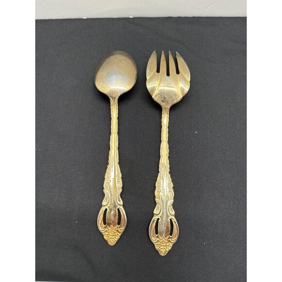 Vintage Wallace Golden Countess Baroque Serving Spoon & Fork Set 12.5" Stainless - Picture 5 of 7